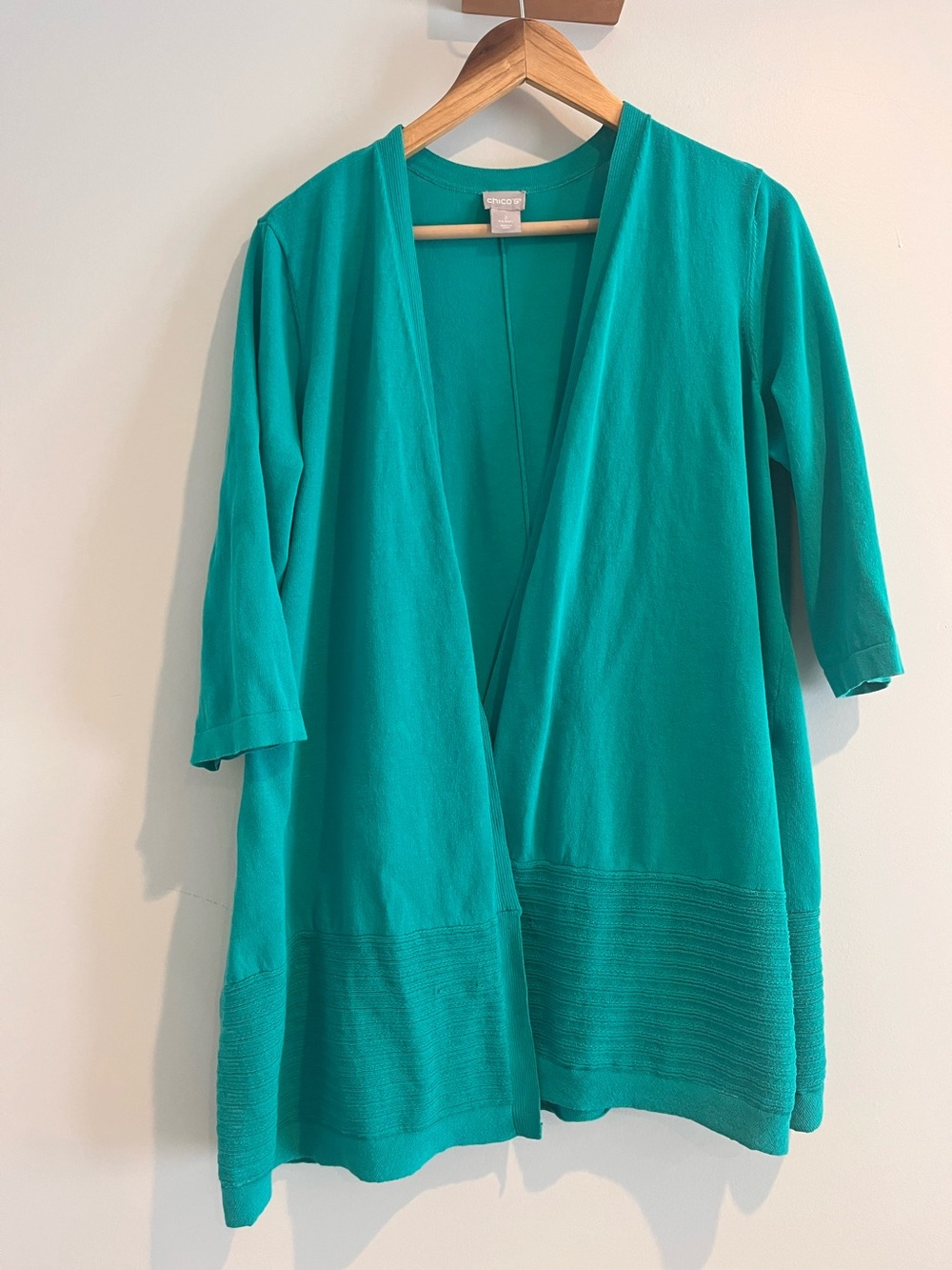 Chico’s Open Front Kelly Green Sweater Size 2 = Large Long Lightweight Topper